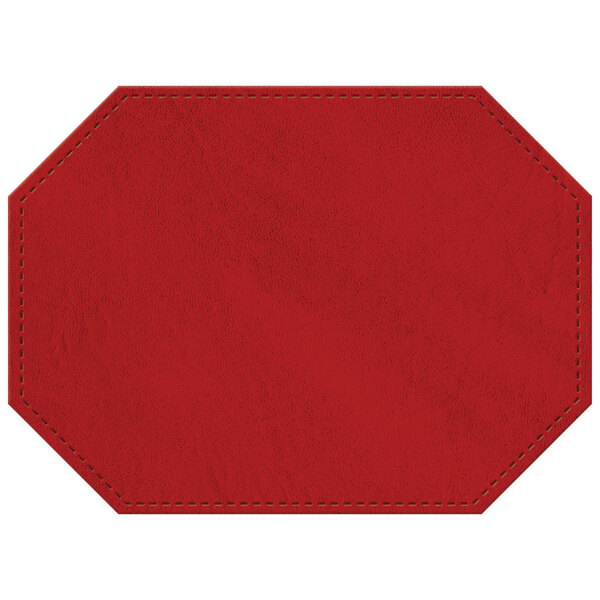 A customizable red hardboard and faux leather octagon placemat with stitching.