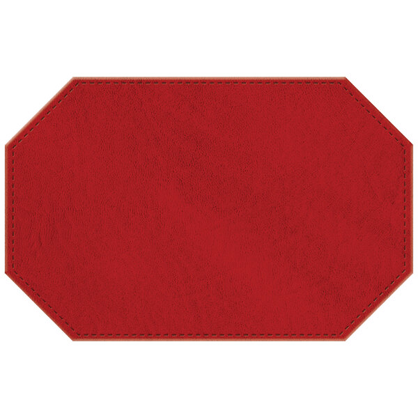 A red faux leather octagon placemat with stitching.