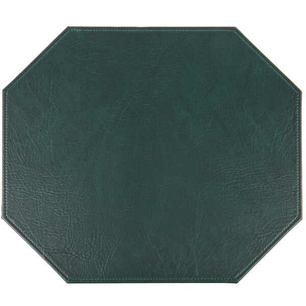 A green faux leather hexagon-shaped placemat.