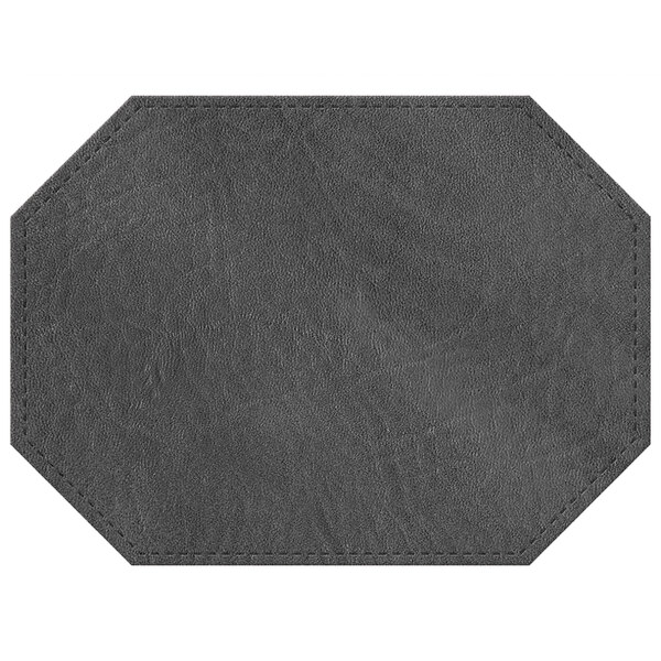 A charcoal hardboard and faux leather hexagon placemat with stitching.