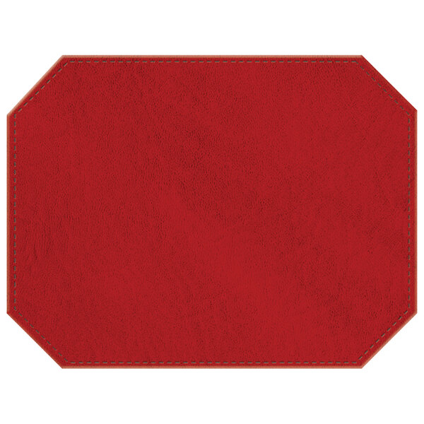 A red hardboard and faux leather octagon placemat with stitching.