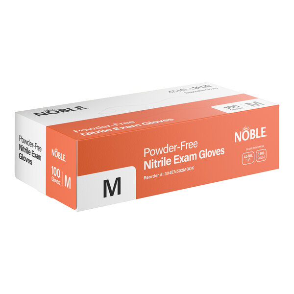 A box of Noble powder-free disposable nitrile exam gloves, medium size, containing 100 gloves.