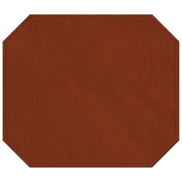 A brown faux leather octagon placemat with a brown leather patch.