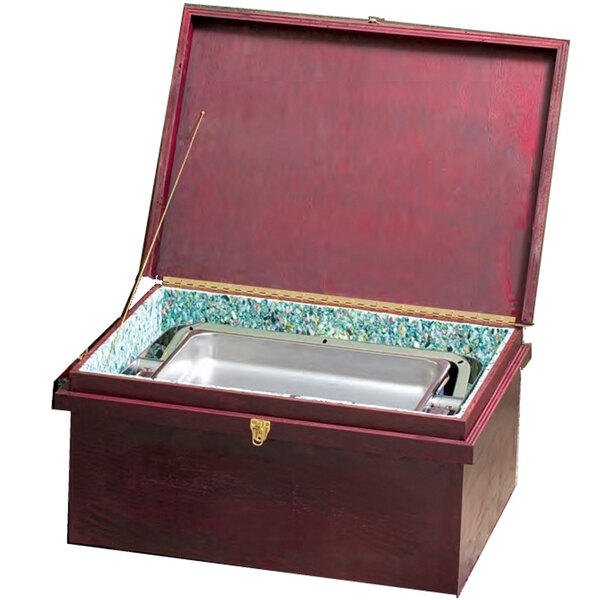 A wooden Bon Chef chafer box with a silver tray inside.