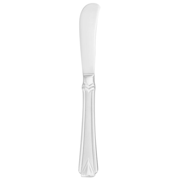 A white rectangular object with a Walco Athenian butter knife with a solid handle.