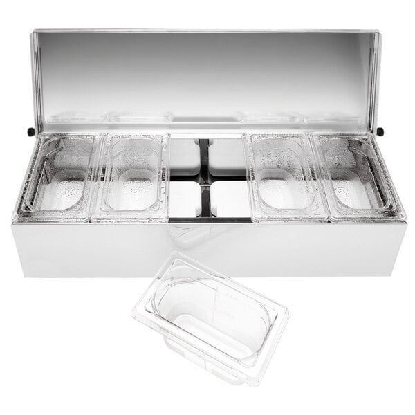 A white plastic rectangular container with 5 compartments.
