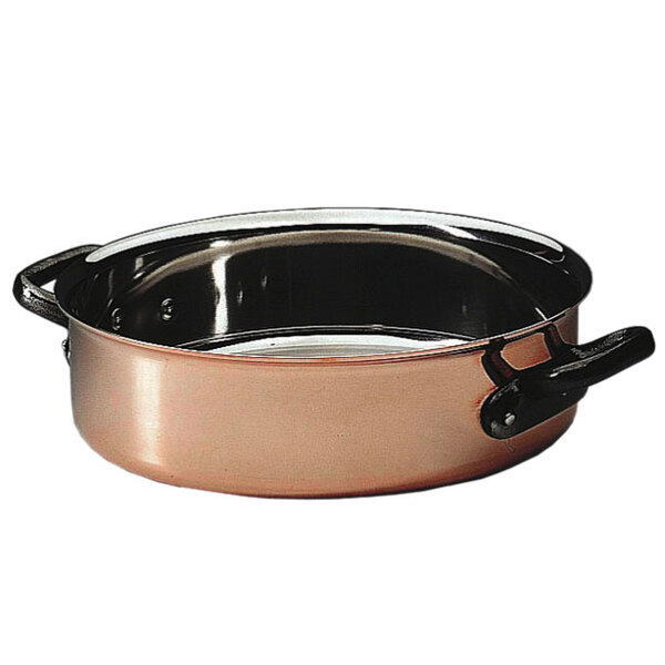 A close-up of a Matfer Bourgeat copper brazier pot with black handles.