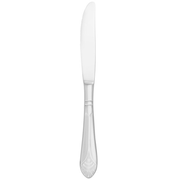 A silver knife with a white handle on a white background.