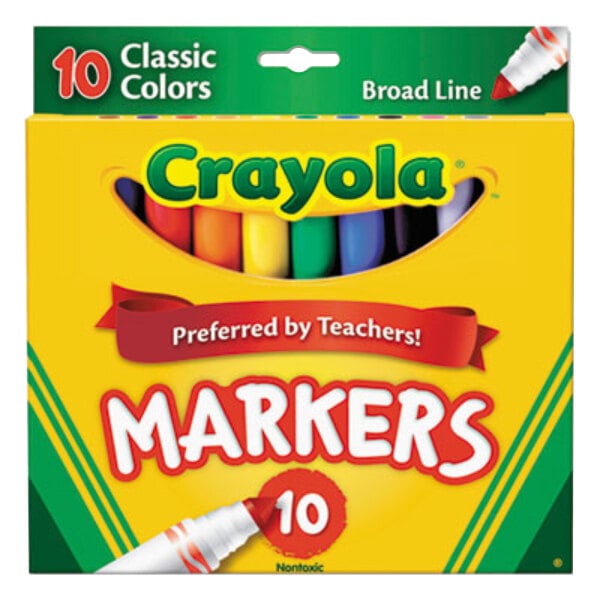 A box of Crayola markers with a green and yellow label.