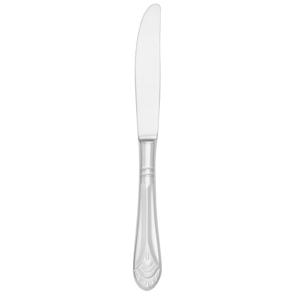 A silver knife with a white handle.