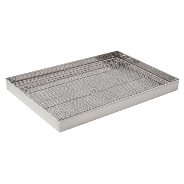 A stainless steel Matfer Bourgeat Baba cake rack with a drip pan.