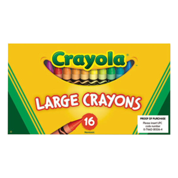 A yellow box of 16 Crayola large crayons.