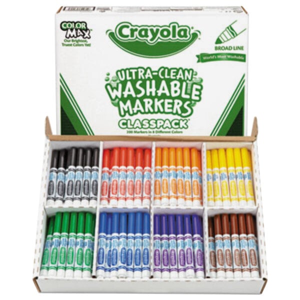 A white box with green and white writing containing Crayola Ultra-Clean Washable Markers in assorted colors.