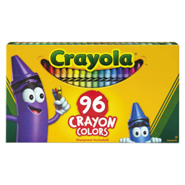 A purple Crayola crayon box holding 96 assorted crayons with a sharpener.