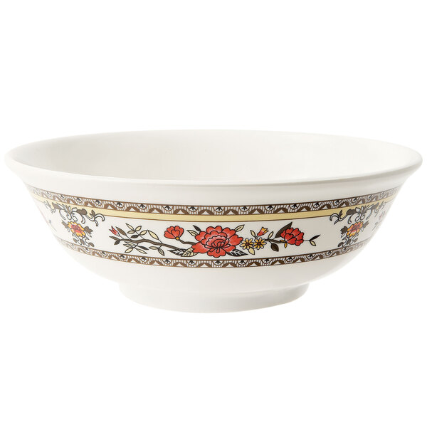 A white GET Melamine bowl with a floral design on it.