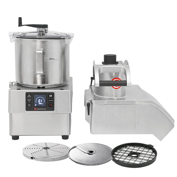 A Sammic commercial food processor with a lid on the bowl.