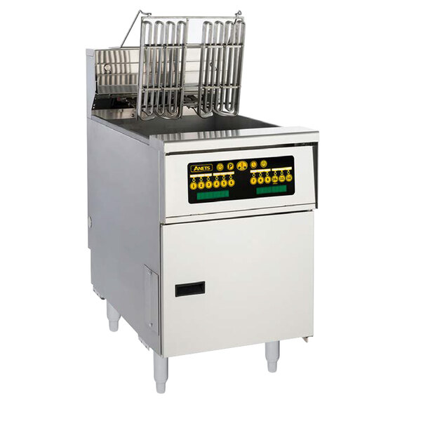 An Anets commercial split pot electric floor fryer with solid state thermostatic controls.