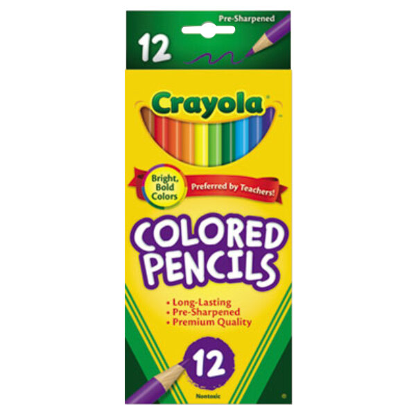 A yellow box of Crayola 12 colored pencils with a white circle.