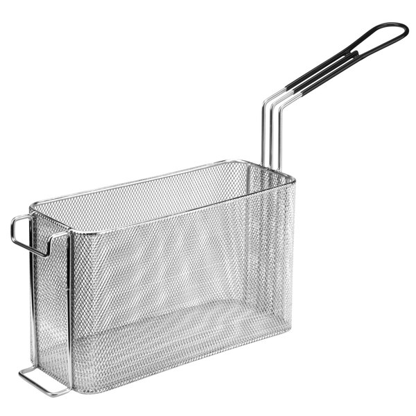 A large rectangular stainless steel wire basket with a front hook.