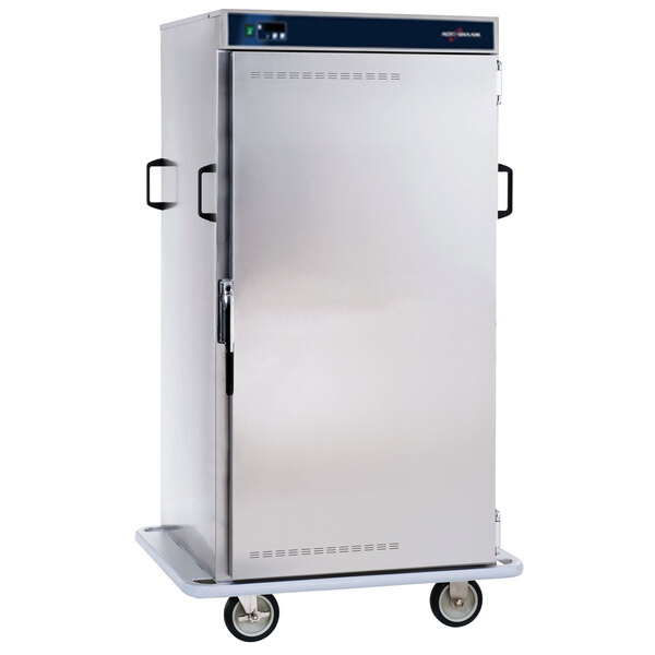 An Alto-Shaam stainless steel heated banquet cabinet on a cart.