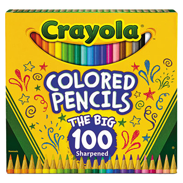 A box of 100 Crayola colored pencils with a yellow and blue Crayola logo.