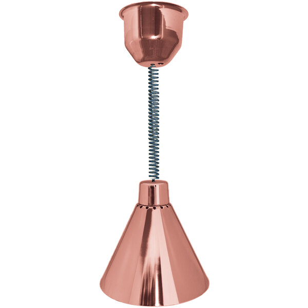 A Hanson bright copper ceiling mount heat lamp with a retractable cord.