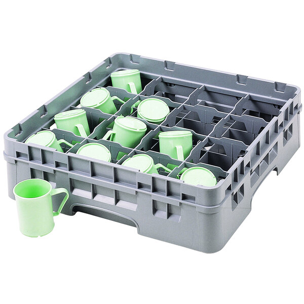 A plastic container holding a Cambro soft gray cup rack with green cups inside.
