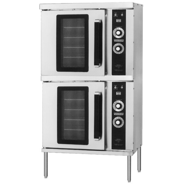A stainless steel Hobart double deck convection oven with glass doors.