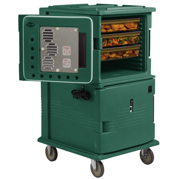 A granite green Cambro Ultra Camcart holding hot food with a door open.