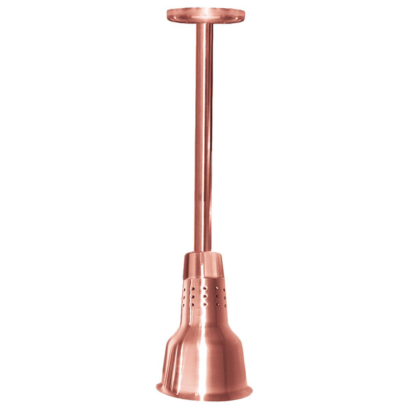 A Hanson copper ceiling mount heat lamp with a long pole.