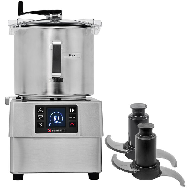 A silver Sammic food processor with a bowl and flat blade attached, a screen, and buttons.