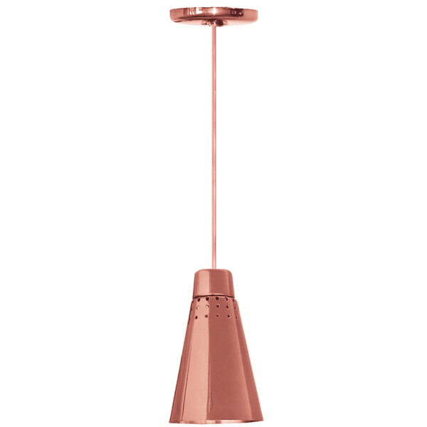 A Hanson copper colored ceiling mount heat lamp with a white shade.