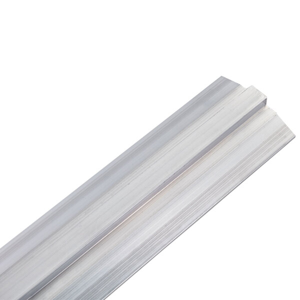 A white metal Cambro Camshelving track rail with silver edges.
