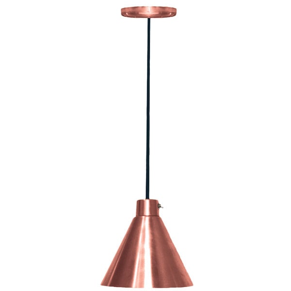 A Hanson Heat Lamp with a copper cone hanging from a ceiling.