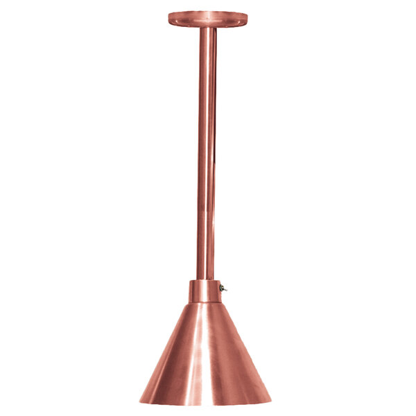 A Hanson Heat Lamps rigid tube ceiling mount heat lamp with a bright copper finish.