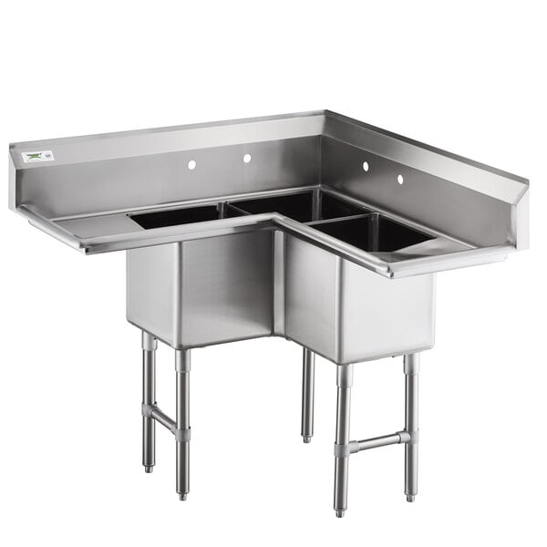 Regency 44 1/2" 16 Gauge Stainless Steel Three Compartment Commercial Corner Sink with Two Drainboards - 14" x 14" x 14" Bowls