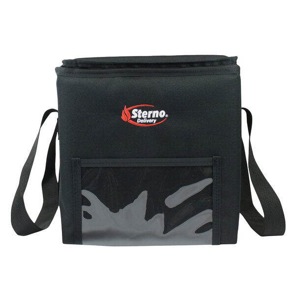A black Sterno insulated food carrier bag with a logo.