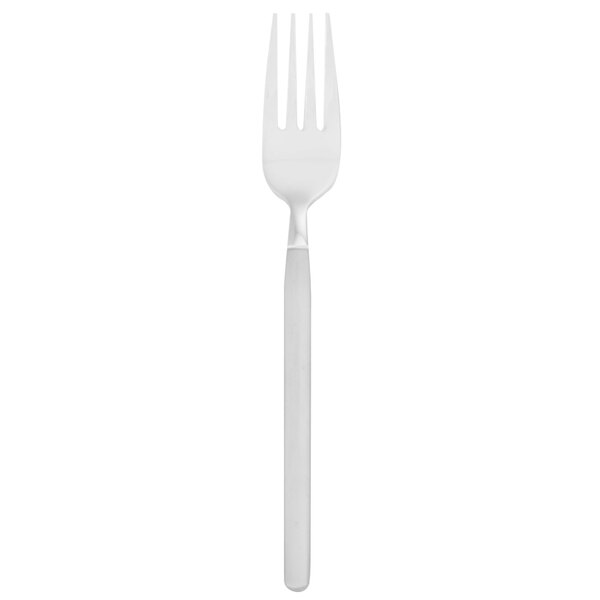 A close-up of a Walco stainless steel table fork with a white handle.