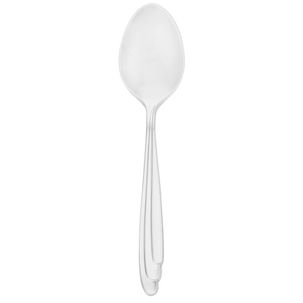 A Walco stainless steel demitasse spoon with a white handle and silver spoon.
