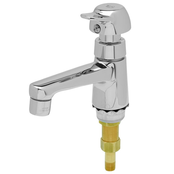 A chrome metering faucet with a yellow handle and silver screw.