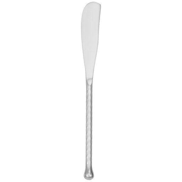 A silver butter knife with a solid handle.