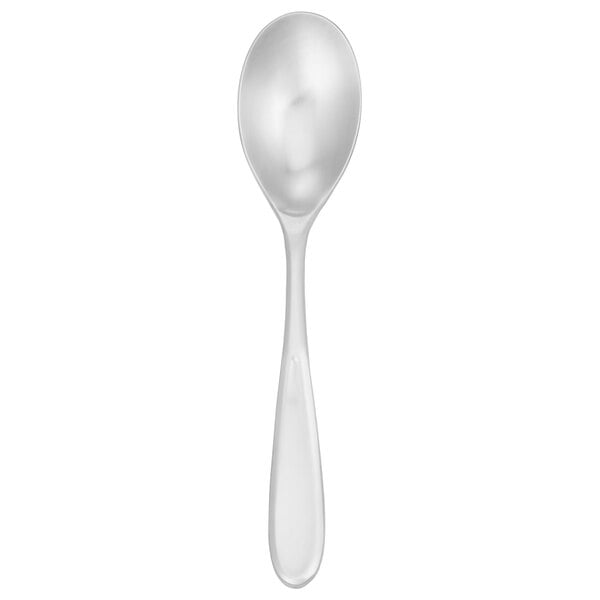 A Walco Modernaire stainless steel serving spoon with a white handle.