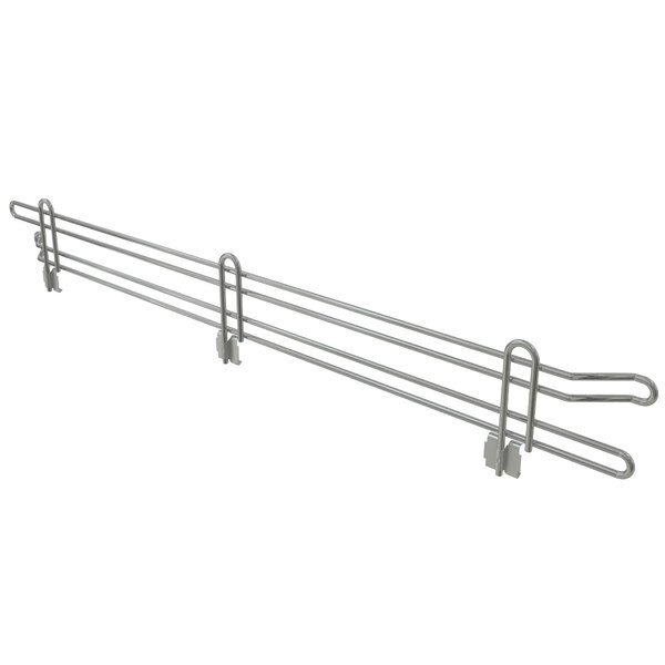 A Metro stainless steel shelf ledge with two hooks on it.