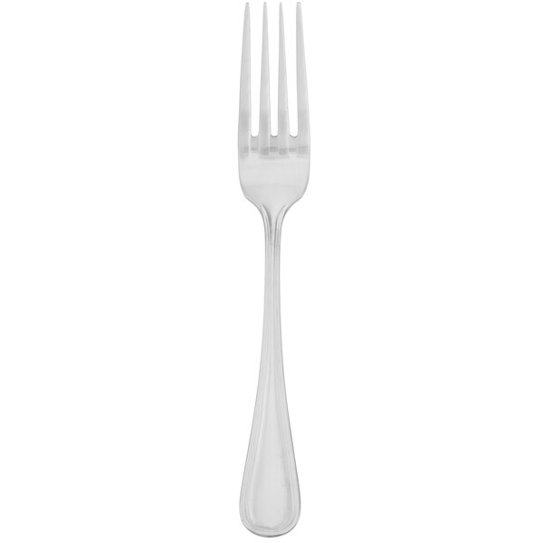 A silver Walco Napa dinner fork with a black tip on a white background.