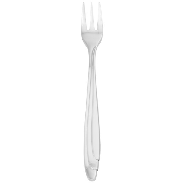 A silver Walco Continuo cocktail fork with a white background.