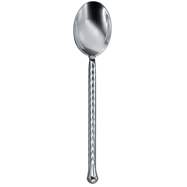 A close up of the long handle of a Walco Riptide stainless steel teaspoon.
