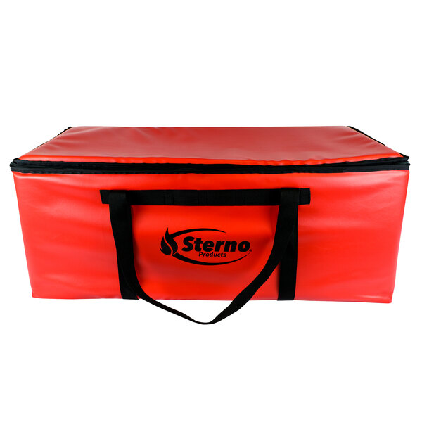 A red Sterno insulated vinyl pizza carrier bag with black handles.