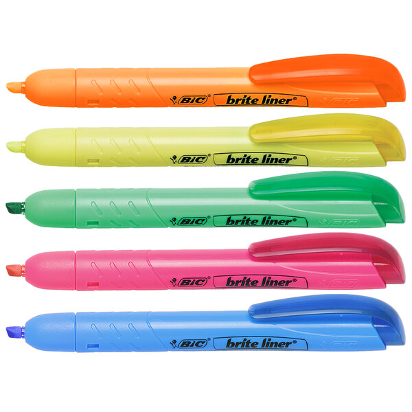 The Bic Brite Liner Retractable Fluorescent Highlighter Set in assorted colors including pink, yellow, green, and blue.