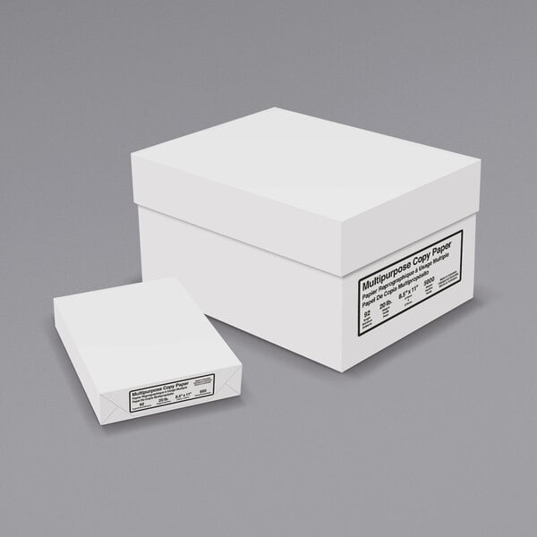 A white box of 8 1/2" x 11" bright white copy paper with a black label.