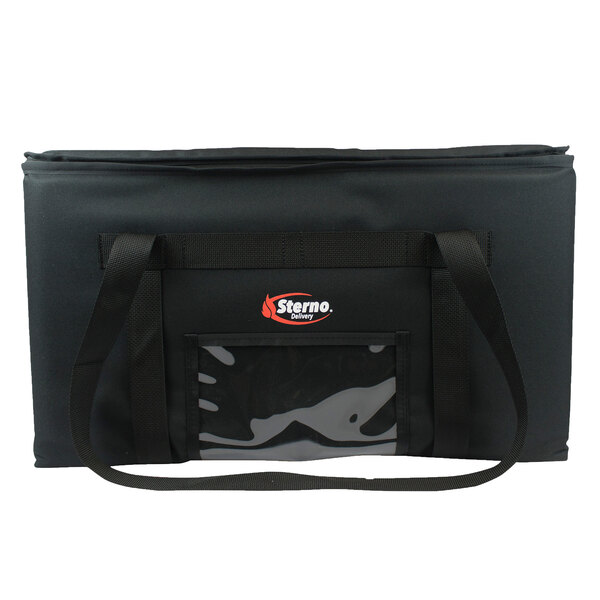 A black bag with black handles and a strap for Sterno Extra-Large Catering Food Pans.